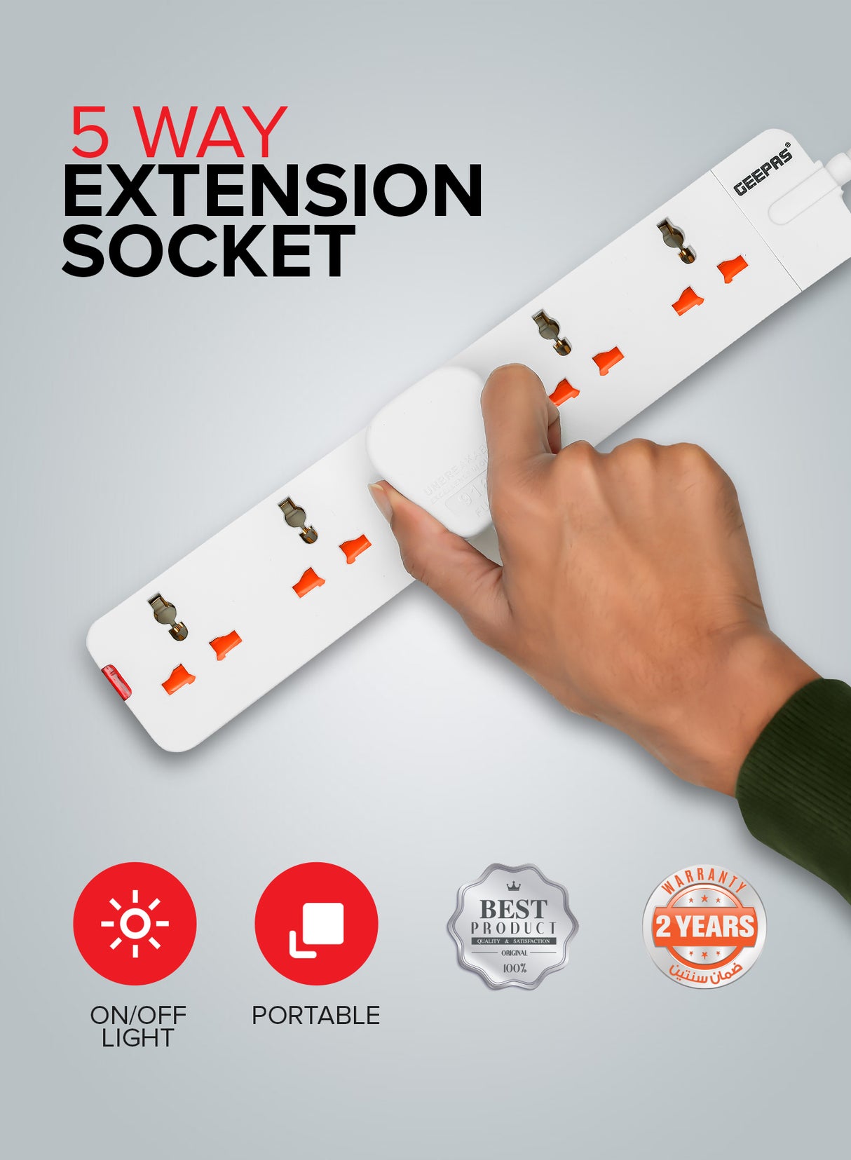 Geepas 5 Way Extension Socket 13A - Extension Lead Strip With Led Indicators | Extra Long Cord with Over Current Protected | Ideal For All Electronic Devices | 2 Years Warranty