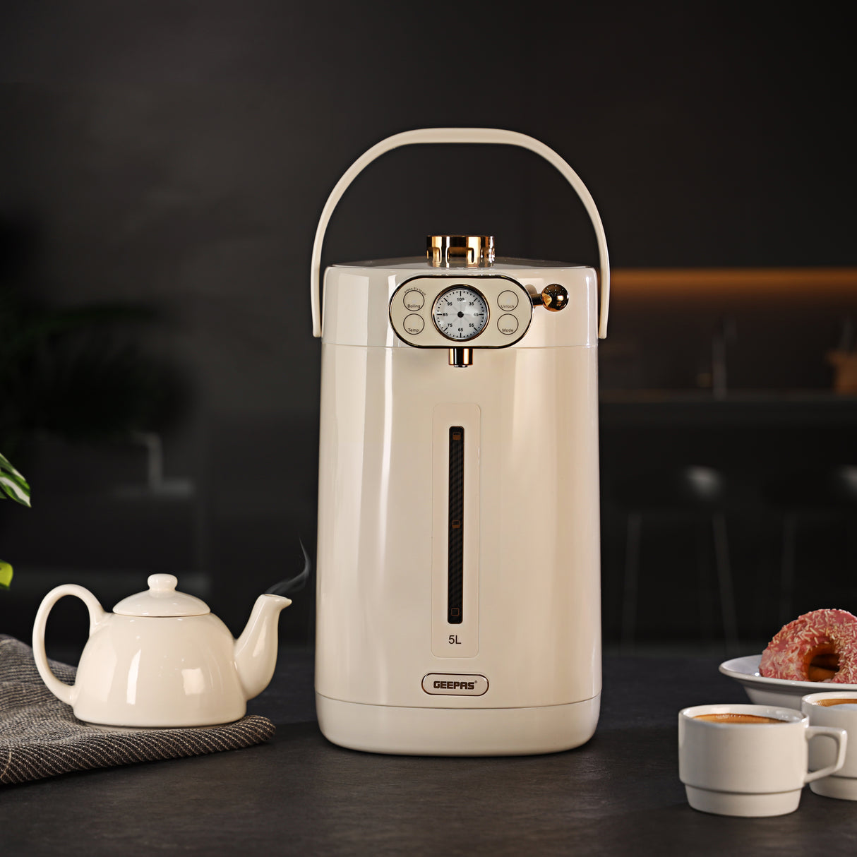 Geepas 5 Liter Electric Thermo Pot- GEV27026/ Stainless Steel Inner Pot, 8 Stage Temperature Selection, Automatic Stop/ Purified Water Mode / Beige, 2 Years Warranty