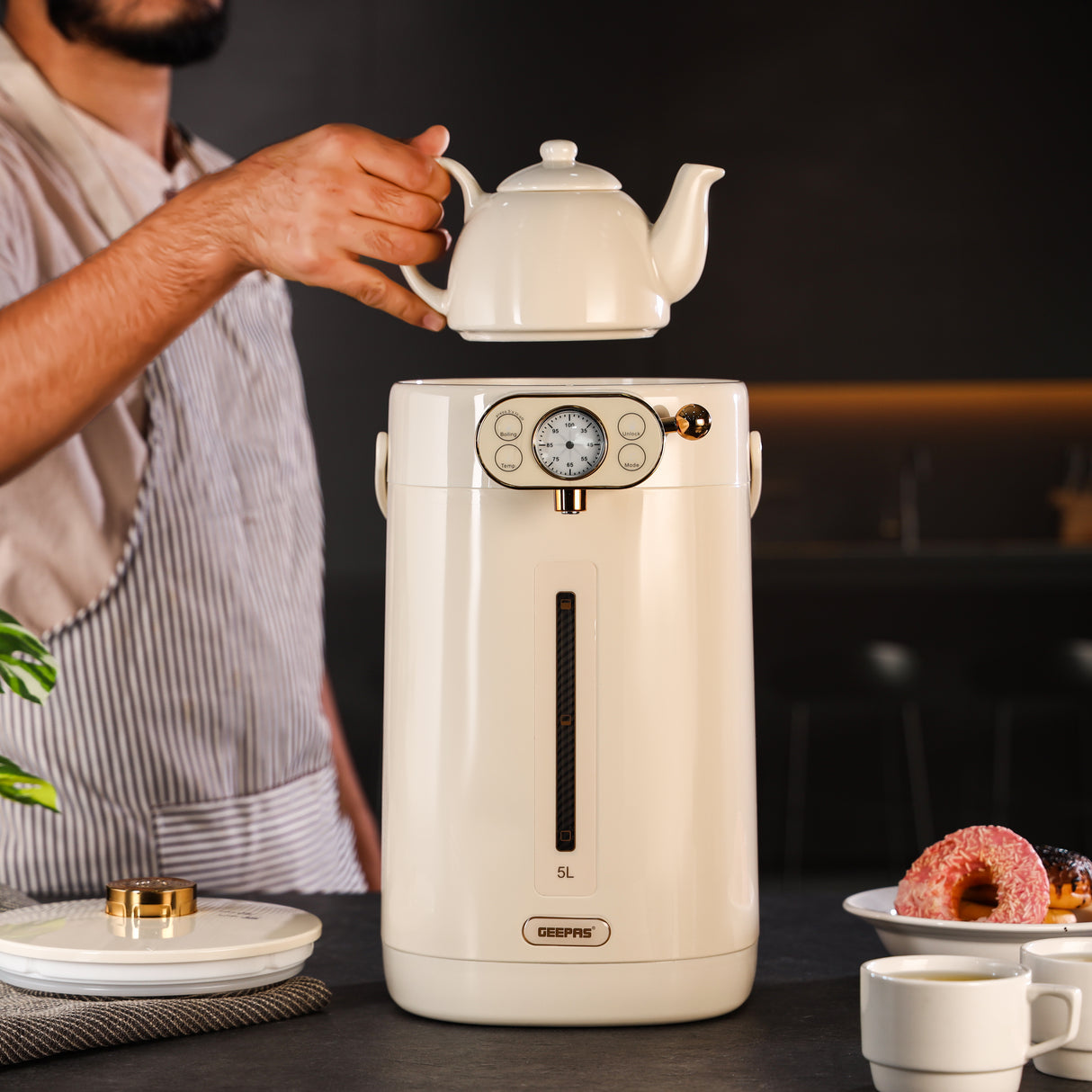 Geepas 5 Liter Electric Thermo Pot- GEV27026/ Stainless Steel Inner Pot, 8 Stage Temperature Selection, Automatic Stop/ Purified Water Mode / Beige, 2 Years Warranty