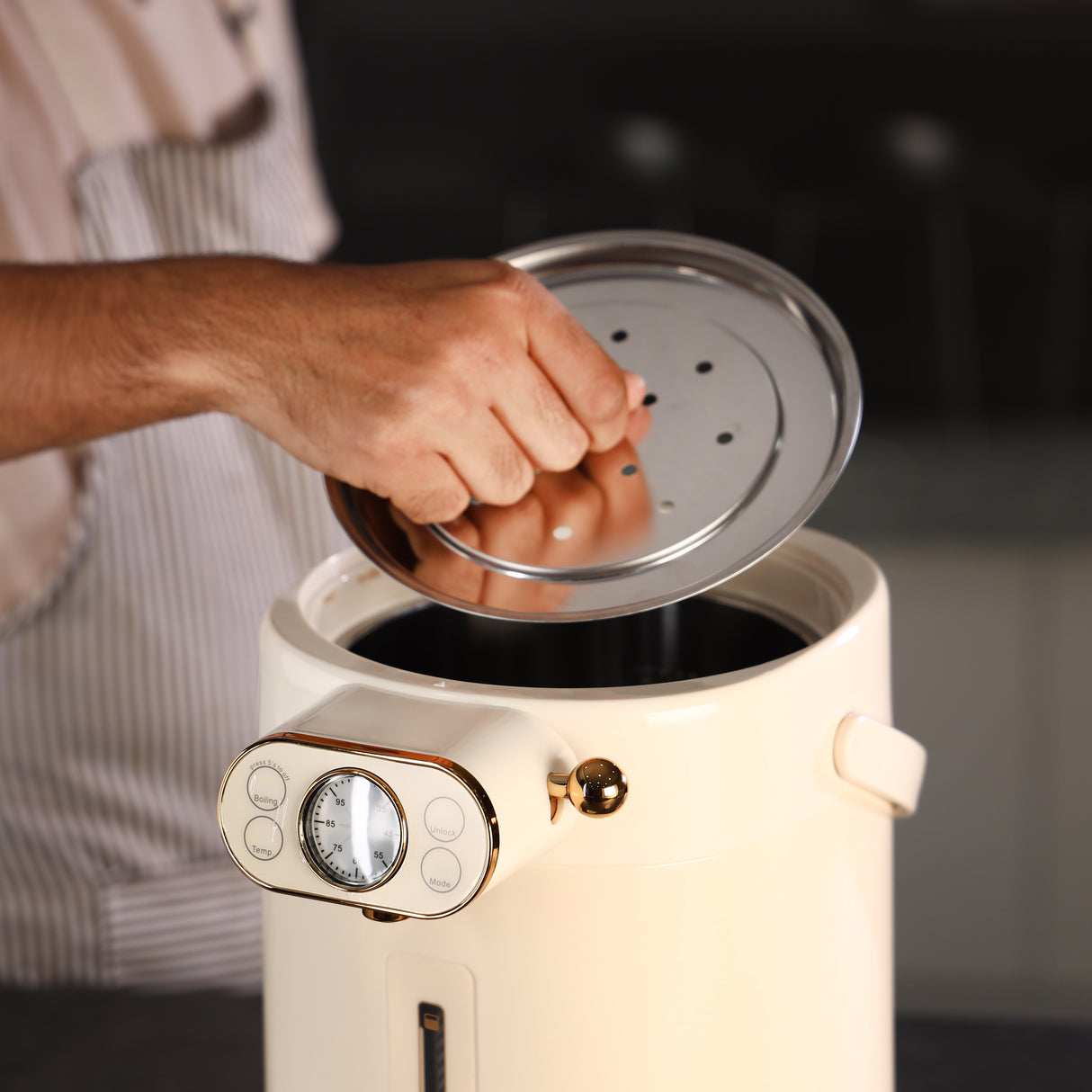 Geepas 5 Liter Electric Thermo Pot- GEV27026/ Stainless Steel Inner Pot, 8 Stage Temperature Selection, Automatic Stop/ Purified Water Mode / Beige, 2 Years Warranty