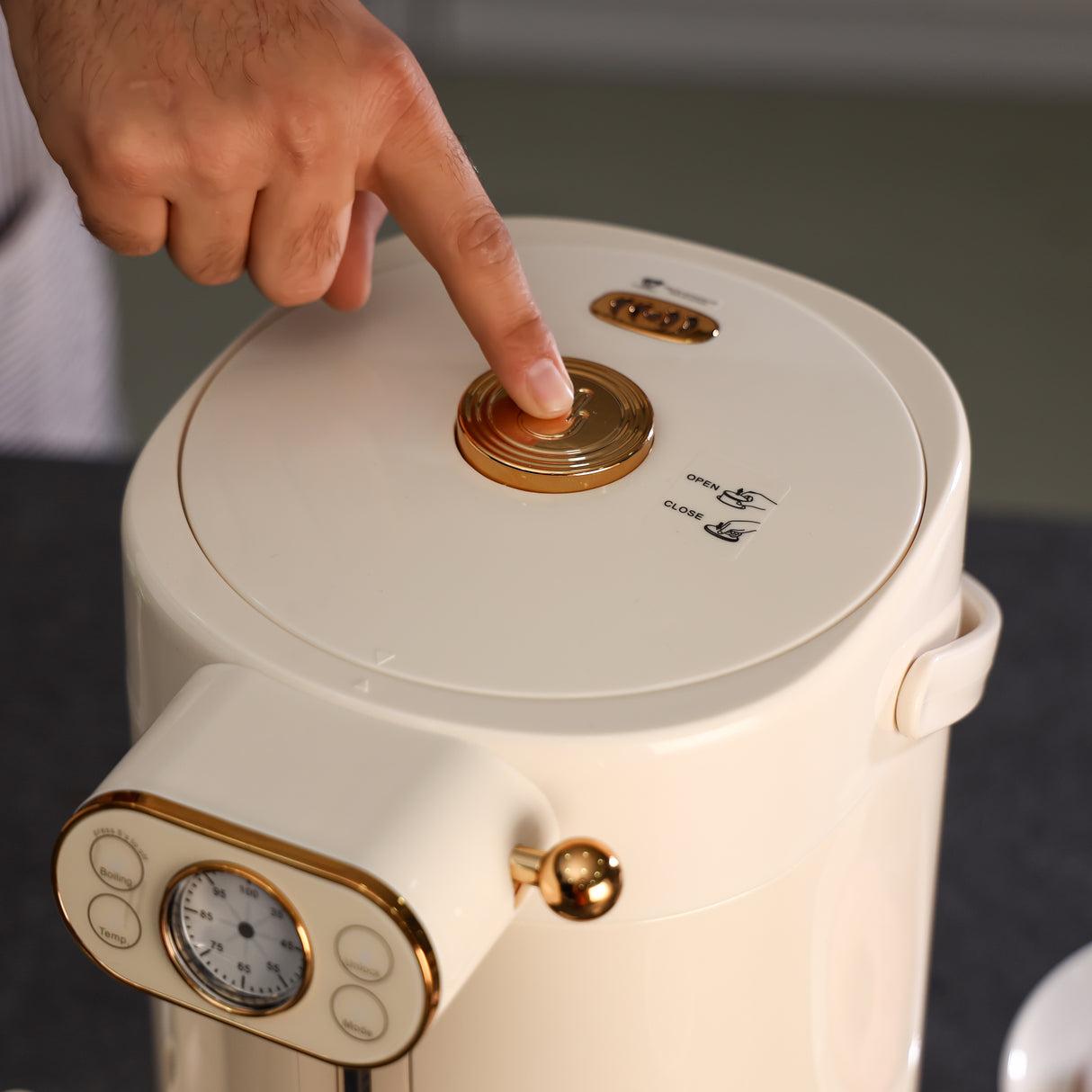 Geepas 5 Liter Electric Thermo Pot- GEV27026/ Stainless Steel Inner Pot, 8 Stage Temperature Selection, Automatic Stop/ Purified Water Mode / Beige, 2 Years Warranty