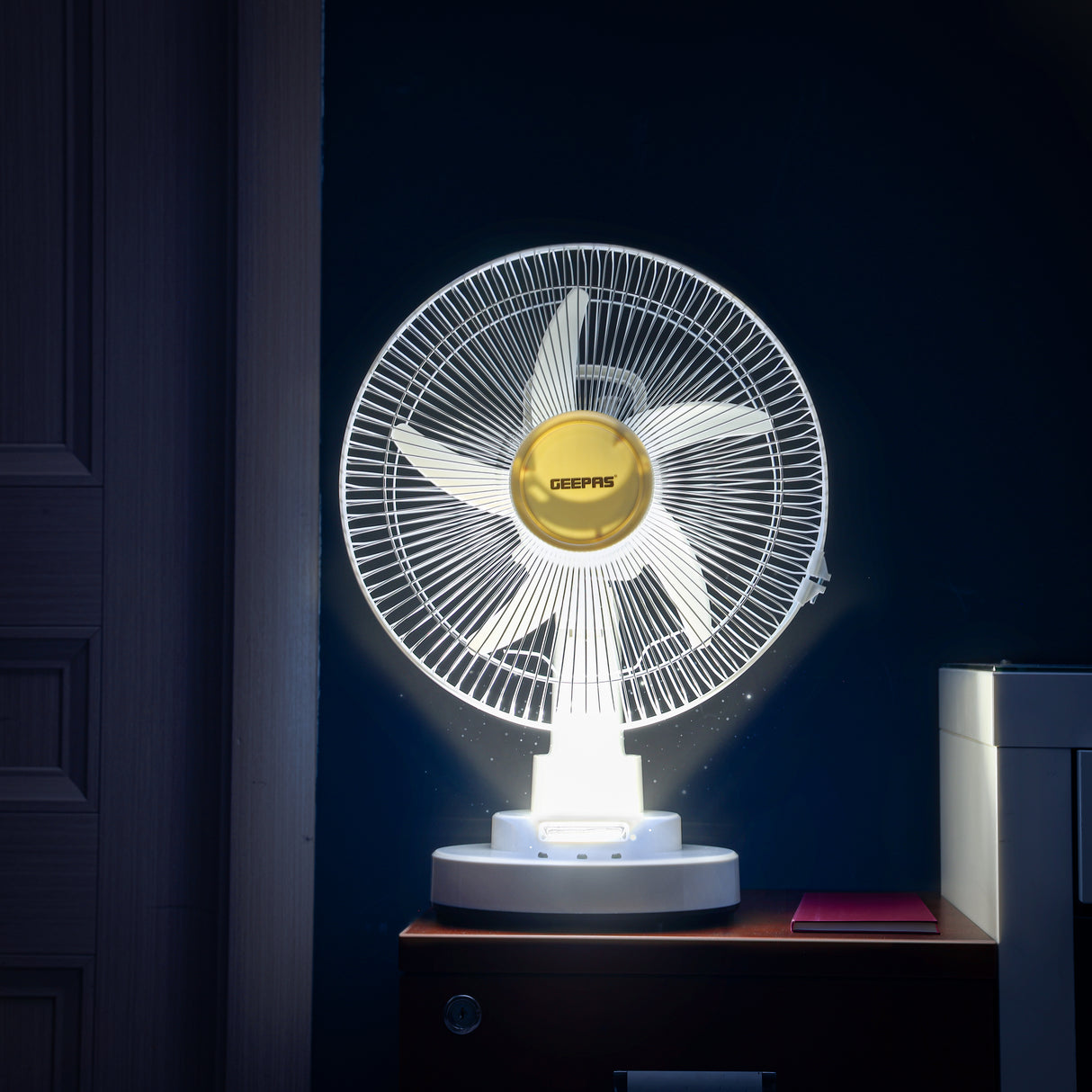 Geepas GF21118 Rechargeable 12-Inch Oscillating Fan | 3-Speed Control | LED Light | Long Battery Backup | Portable Design for Home & Outdoor Use | 2 Years Warranty