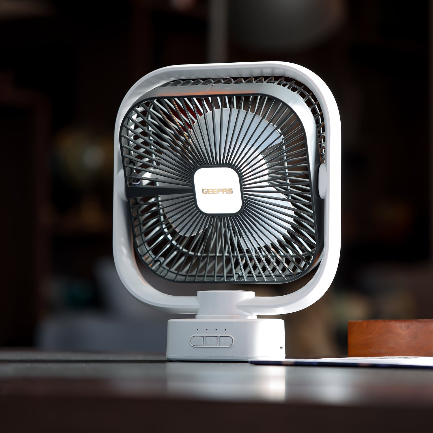 Geepas GF21122 8-Inch Oscillating LED Table Fan | Rechargeable AC/DC Function| 2x1500mAh Lithium Battery| Two-Level LED Light| 9 Hours Working Time| 2 Years Warranty