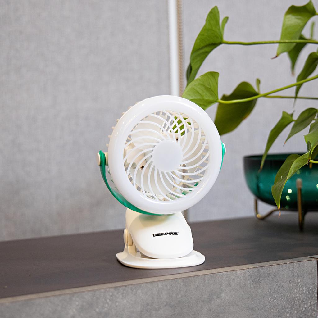 Geepas GF21137 Rechargeable Clip Fan with Light | Portable 2-in-1 Cooling Fan & LED Lamp | USB Charging |Adjustable Tilt | Grip Clip | 7 Hours Working | 2 Years Warranty