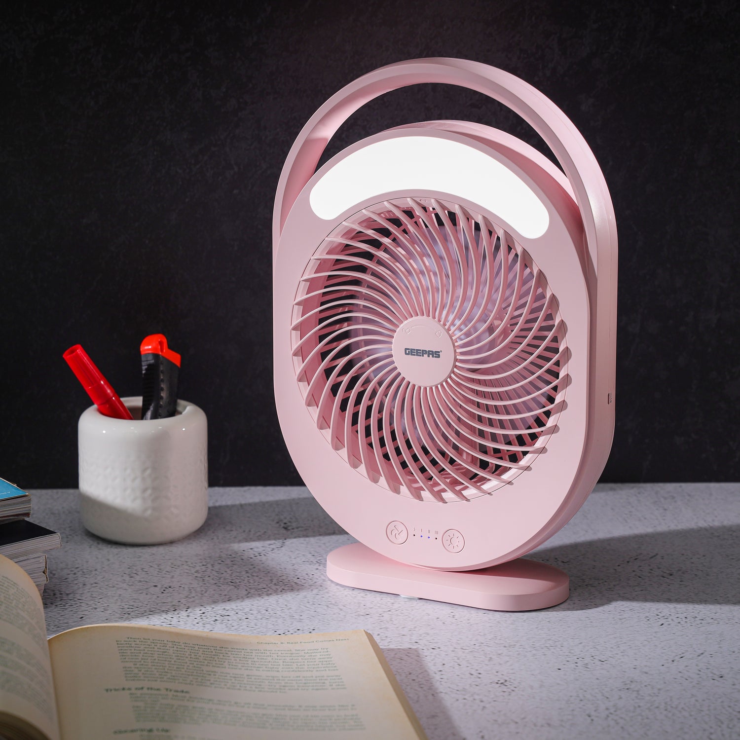 Geepas GF21158 Rechargeable 6 Inch Fan | 4500mAh Battery | 12H Working Time| 3-Speed Control| LED Night Light | Low Noise | Compact & Lightweight | 2 Years Warranty