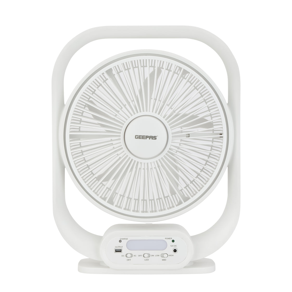 Geepas GF21189 Rechargeable 12-Inch Table Fan | Built-in LED Light | USB & Solar Charging Input| 3 Speed Settings| Long Battery Backup| Portable Design| 2 Years Warranty