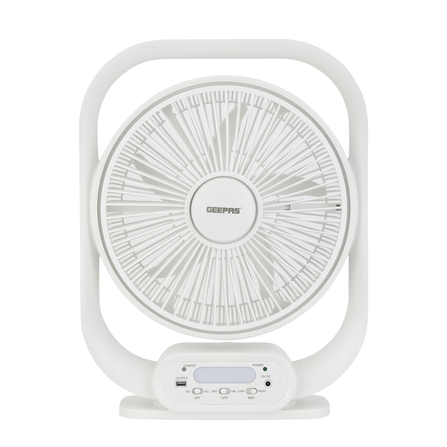 Geepas GF21189 Rechargeable 12-Inch Table Fan | Built-in LED Light | USB & Solar Charging Input| 3 Speed Settings| Long Battery Backup| Portable Design| 2 Years Warranty