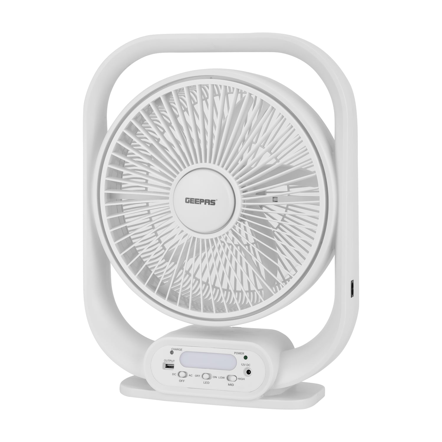 Geepas GF21189 Rechargeable 12-Inch Table Fan | Built-in LED Light | USB & Solar Charging Input| 3 Speed Settings| Long Battery Backup| Portable Design| 2 Years Warranty