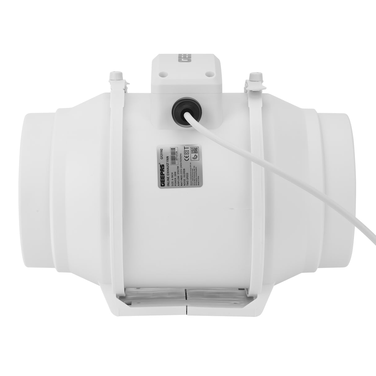 Geepas Inline Exhaust Fan GF21192 – 6", 28W, 2150 RPM, 370 CFM, Rust-Free, Low Noise, IPX4, Ideal for Homes & Commercial Spaces, 1-Year Warranty, White
