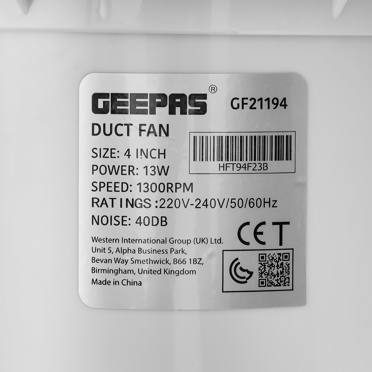 Geepas 4" Duct Fan- GF21194/ 2200 RPM, Exhaust Ventilation Fans/ 13 w, Perfect for Residential and Commercial Use/ with a Rust-Free ABS Body/ 2 Year Warranty, White