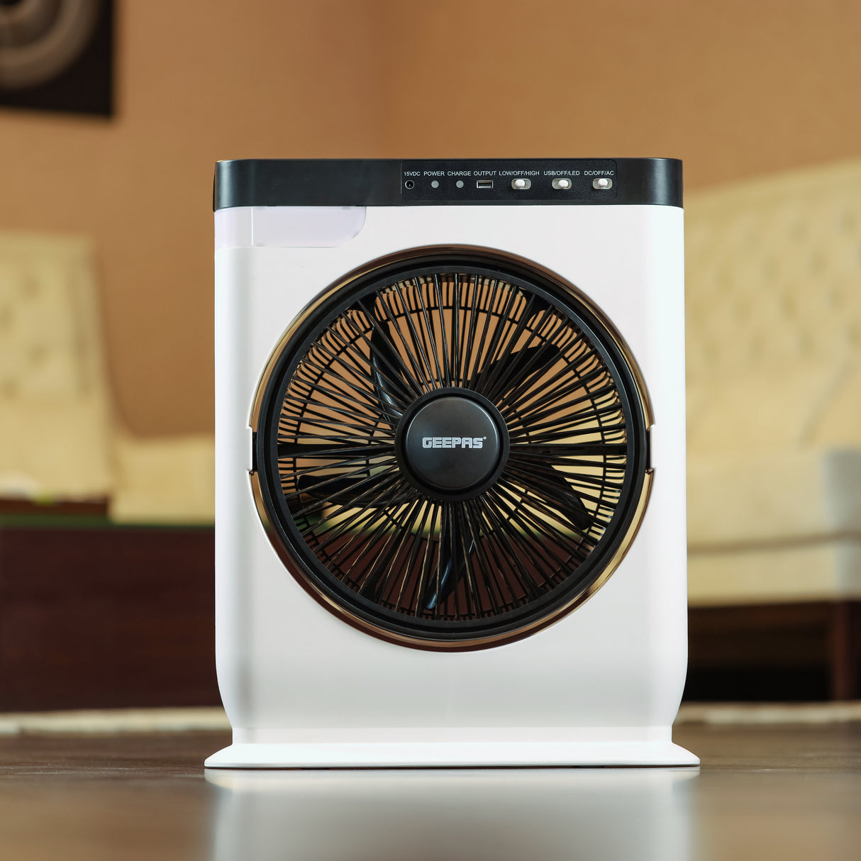Geepas GF919 12” Rechargeable Box Fan | 10 Hours Battery Backup| AC/DC Function| LED Light| USB Output Port| Adjustable Speed| Portable Cooling Fan| 2 Years Warranty