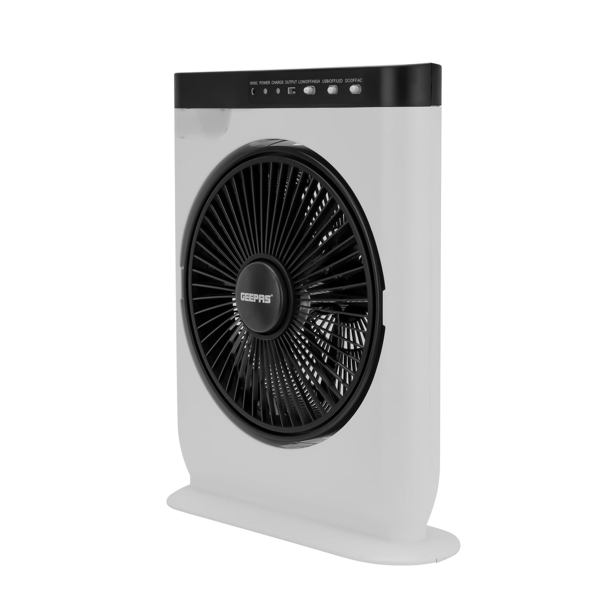 Geepas GF919 12” Rechargeable Box Fan | 10 Hours Battery Backup| AC/DC Function| LED Light| USB Output Port| Adjustable Speed| Portable Cooling Fan| 2 Years Warranty
