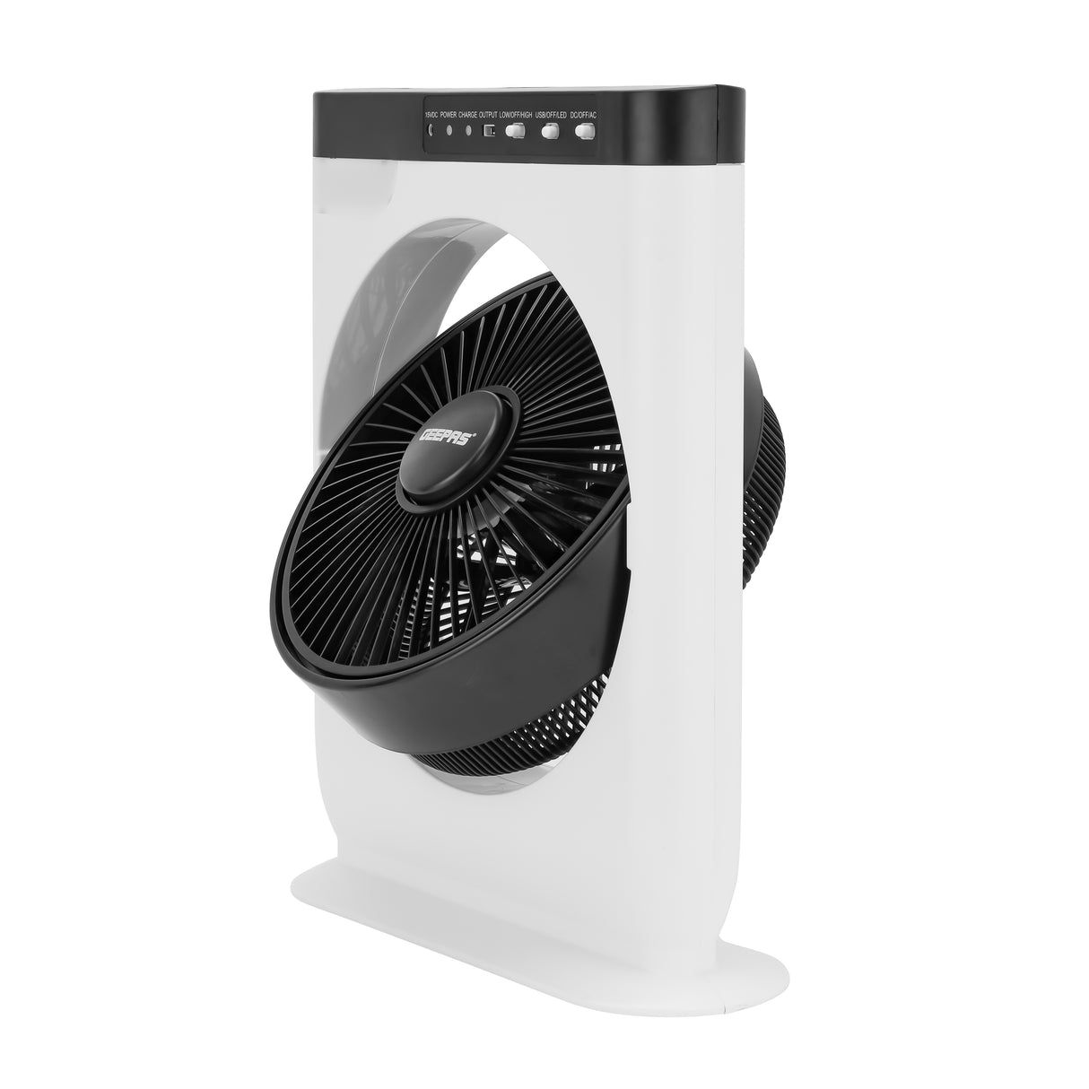 Geepas GF919 12” Rechargeable Box Fan | 10 Hours Battery Backup| AC/DC Function| LED Light| USB Output Port| Adjustable Speed| Portable Cooling Fan| 2 Years Warranty