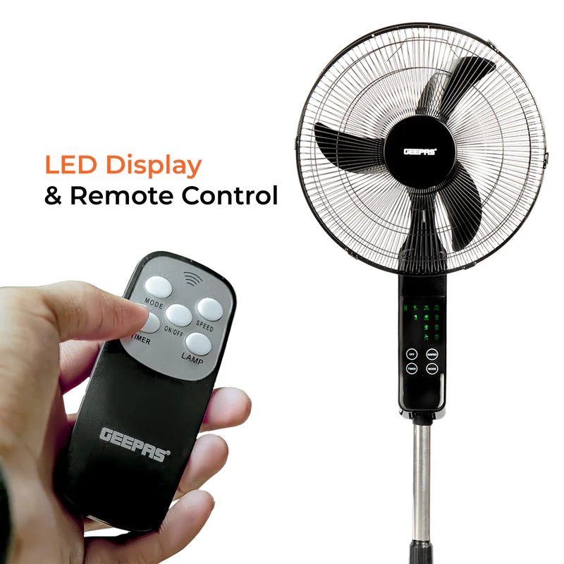 Geepas GF9466 16” Stand Fan with Remote Control | 3-Speed Control | 7.5Hour Timer | LED Display| Touch Switch| Powerful 60W Motor | Adjustable Height| 2 Years Warranty