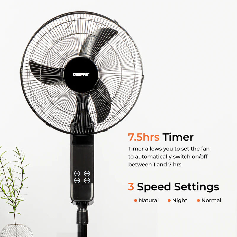 Geepas GF9466 16” Stand Fan with Remote Control | 3-Speed Control | 7.5Hour Timer | LED Display| Touch Switch| Powerful 60W Motor | Adjustable Height| 2 Years Warranty