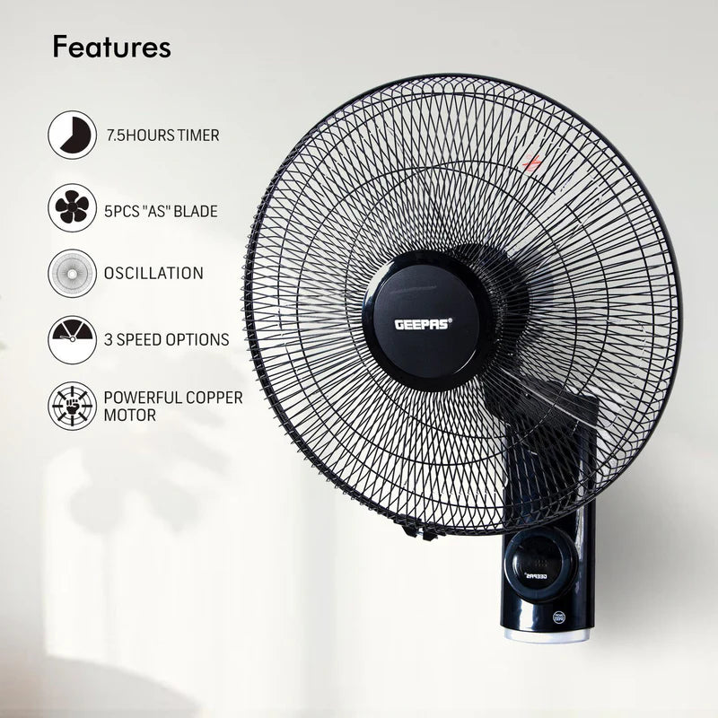Geepas GF9479 16-Inch Wall Fan with Remote Control Features | 60 W Power | 3-speed options | 12-hour timer | wide oscillation |  powerful copper motor | 2-year warranty