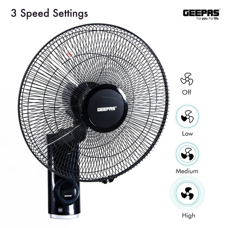 Geepas GF9479 16-Inch Wall Fan with Remote Control Features | 60 W Power | 3-speed options | 12-hour timer | wide oscillation |  powerful copper motor | 2-year warranty