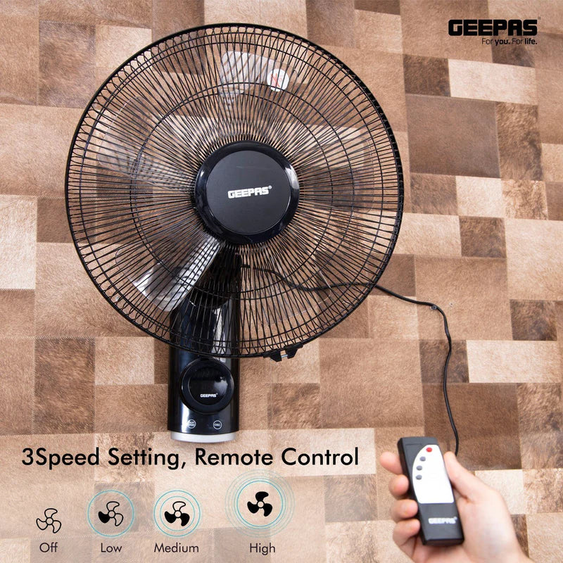Geepas GF9479 16-Inch Wall Fan with Remote Control Features | 60 W Power | 3-speed options | 12-hour timer | wide oscillation |  powerful copper motor | 2-year warranty