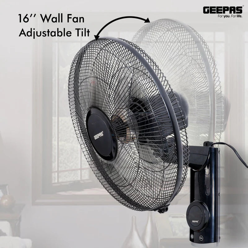 Geepas GF9479 16-Inch Wall Fan with Remote Control Features | 60 W Power | 3-speed options | 12-hour timer | wide oscillation |  powerful copper motor | 2-year warranty