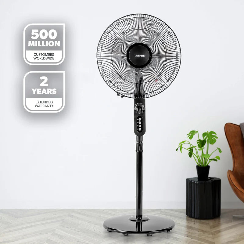 Geepas GF9488 16 Inch Stand Fan |Powerful Copper Motor for Efficient Cooling| 3Speed Settings| Adjustable Height| Oscillation Function| Quiet Operation| 2 Years Warranty