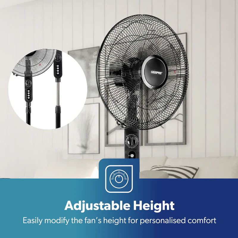 Geepas GF9488 16 Inch Stand Fan |Powerful Copper Motor for Efficient Cooling| 3Speed Settings| Adjustable Height| Oscillation Function| Quiet Operation| 2 Years Warranty