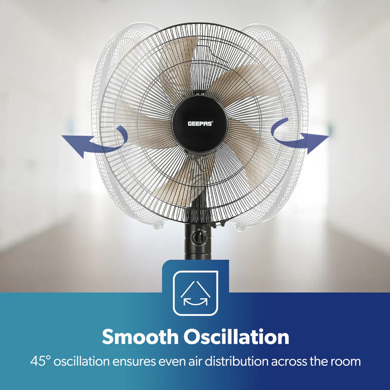 Geepas GF9488 16 Inch Stand Fan |Powerful Copper Motor for Efficient Cooling| 3Speed Settings| Adjustable Height| Oscillation Function| Quiet Operation| 2 Years Warranty