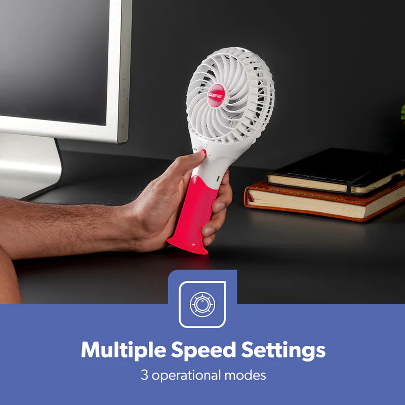 Geepas GF9617 Rechargeable Mini Fan | 3 Speed Portable Handheld Fan with 3.7V Lithium Battery | Brushless Motor | USB Charging | Quiet Operation | 2 Years Warranty