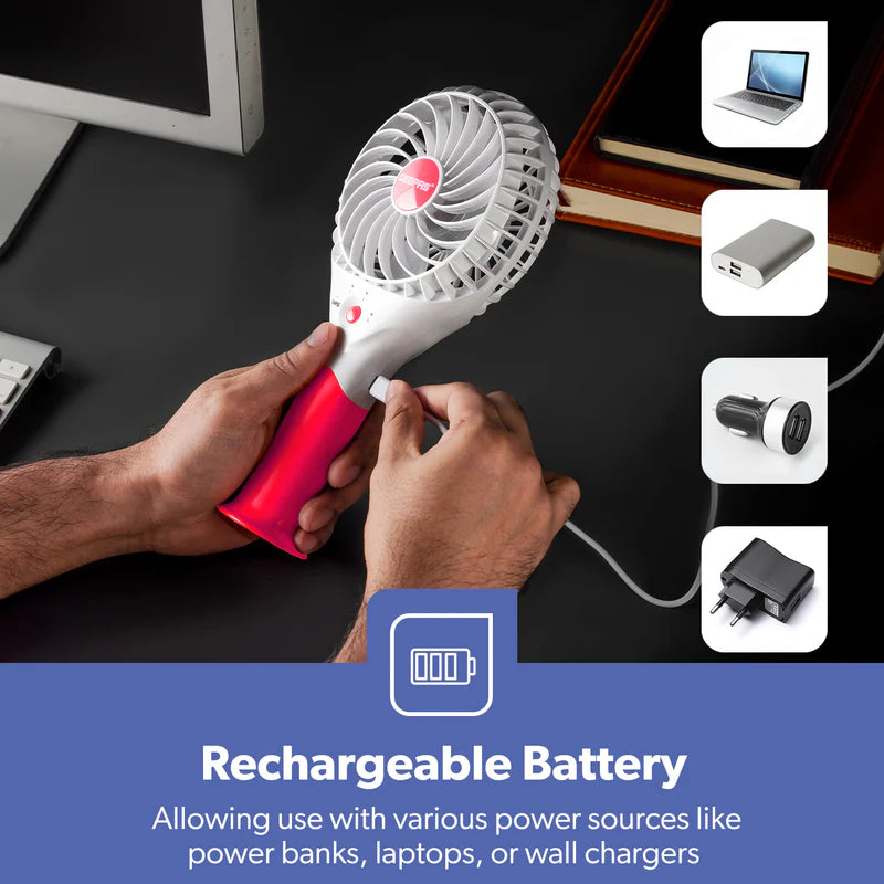 Geepas GF9617 Rechargeable Mini Fan | 3 Speed Portable Handheld Fan with 3.7V Lithium Battery | Brushless Motor | USB Charging | Quiet Operation | 2 Years Warranty