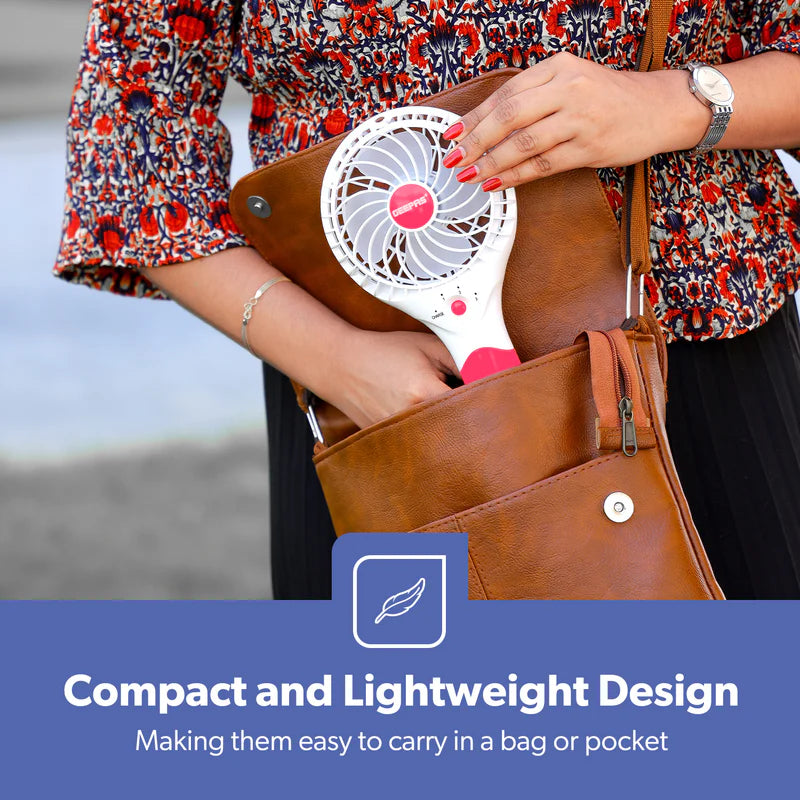 Geepas GF9617 Rechargeable Mini Fan | 3 Speed Portable Handheld Fan with 3.7V Lithium Battery | Brushless Motor | USB Charging | Quiet Operation | 2 Years Warranty