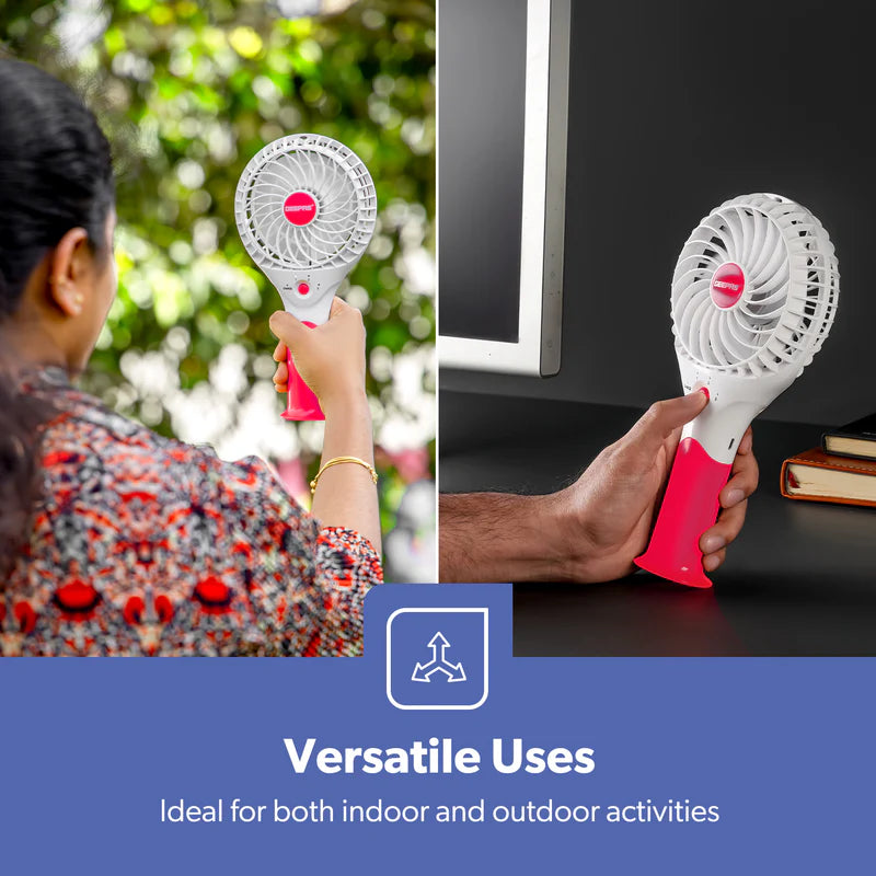 Geepas GF9617 Rechargeable Mini Fan | 3 Speed Portable Handheld Fan with 3.7V Lithium Battery | Brushless Motor | USB Charging | Quiet Operation | 2 Years Warranty