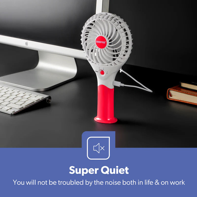 Geepas GF9617 Rechargeable Mini Fan | 3 Speed Portable Handheld Fan with 3.7V Lithium Battery | Brushless Motor | USB Charging | Quiet Operation | 2 Years Warranty