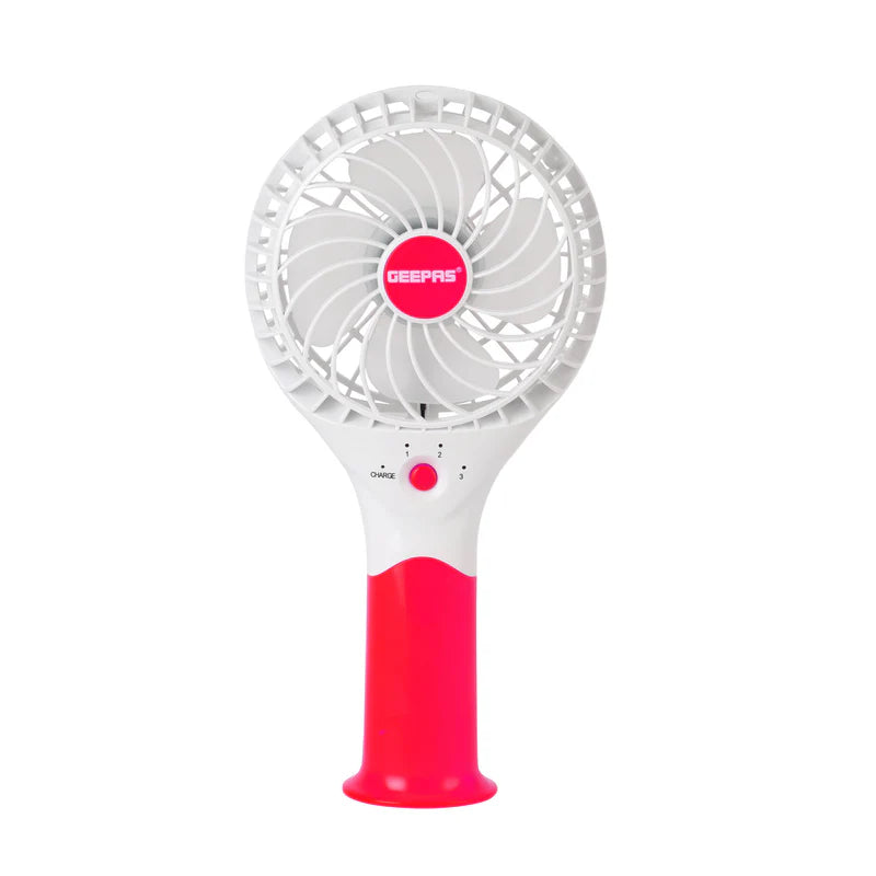 Geepas GF9617 Rechargeable Mini Fan | 3 Speed Portable Handheld Fan with 3.7V Lithium Battery | Brushless Motor | USB Charging | Quiet Operation | 2 Years Warranty
