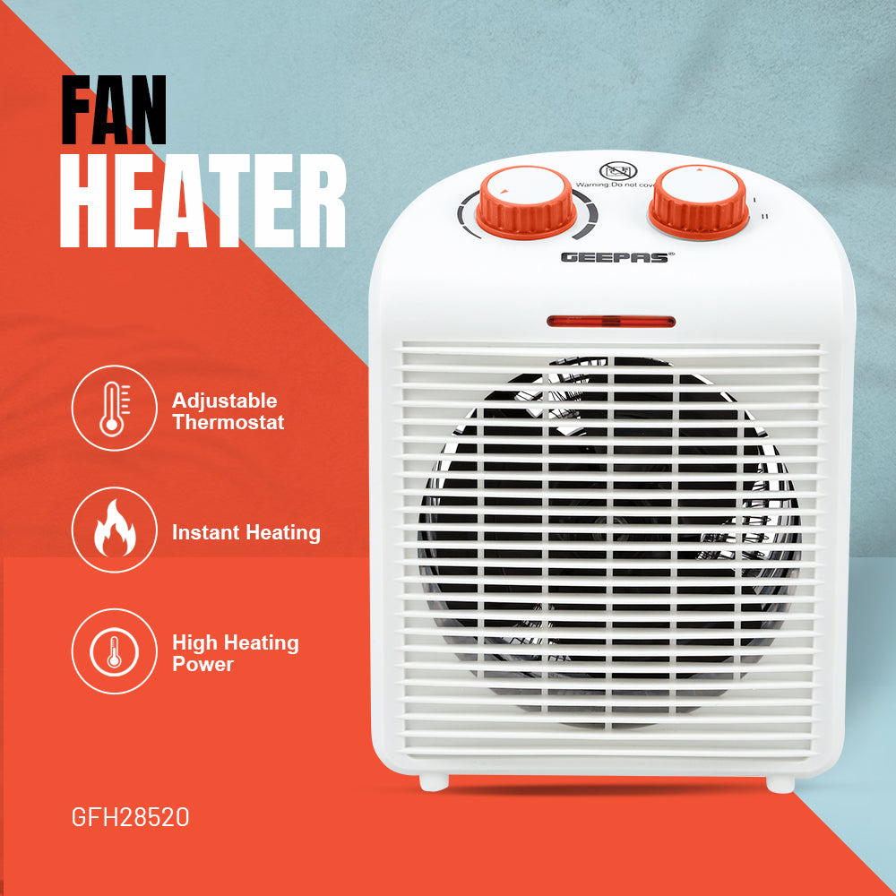 Geepas GFH28520 Fan Heater with 1000W/2000W Dual Heat Settings | Adjustable Thermostat | Instant Heating | Overheat Protection | Power Indicator | 2-Year Warranty
