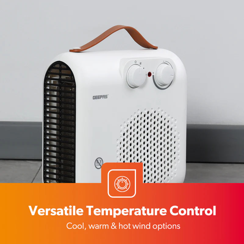 Geepas Fan Heater GFH28547 |3 Modes: Cool, Warm & Hot Wind |2 Power Options: 1000W/2000W |Adjustable Thermostat, Safety Fuse |Ideal for Homes & Offices | 2-Year Warranty