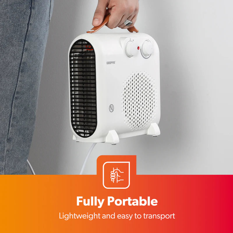 Geepas Fan Heater GFH28547 |3 Modes: Cool, Warm & Hot Wind |2 Power Options: 1000W/2000W |Adjustable Thermostat, Safety Fuse |Ideal for Homes & Offices | 2-Year Warranty