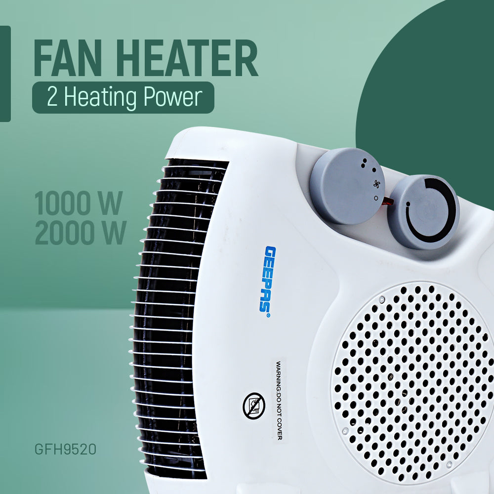 Geepas GFH9520 2000W Fan Heater | Adjustable Thermostat| Cool/Warm/Hot Wind Selection| Instant Heating| Overheat Protection| Power Indicator Light|  2 Years Warranty