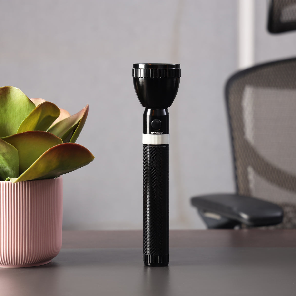 Geepas Rechargeable LED Flashlight 287mm- Hyper Bright White 2500 Meters Range, High Beam LED Flashlight| Pocket Flashlight with Charger | Ideal for Patrolling, Trekking, Emergency Power Cut