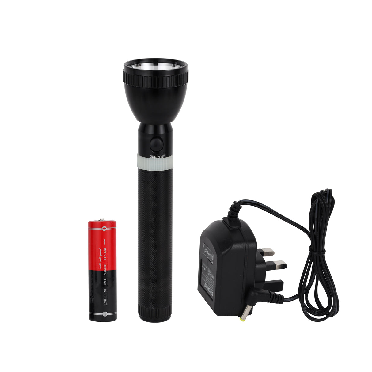 Geepas Rechargeable LED Flashlight 287mm- Hyper Bright White 2500 Meters Range, High Beam LED Flashlight| Pocket Flashlight with Charger | Ideal for Patrolling, Trekking, Emergency Power Cut