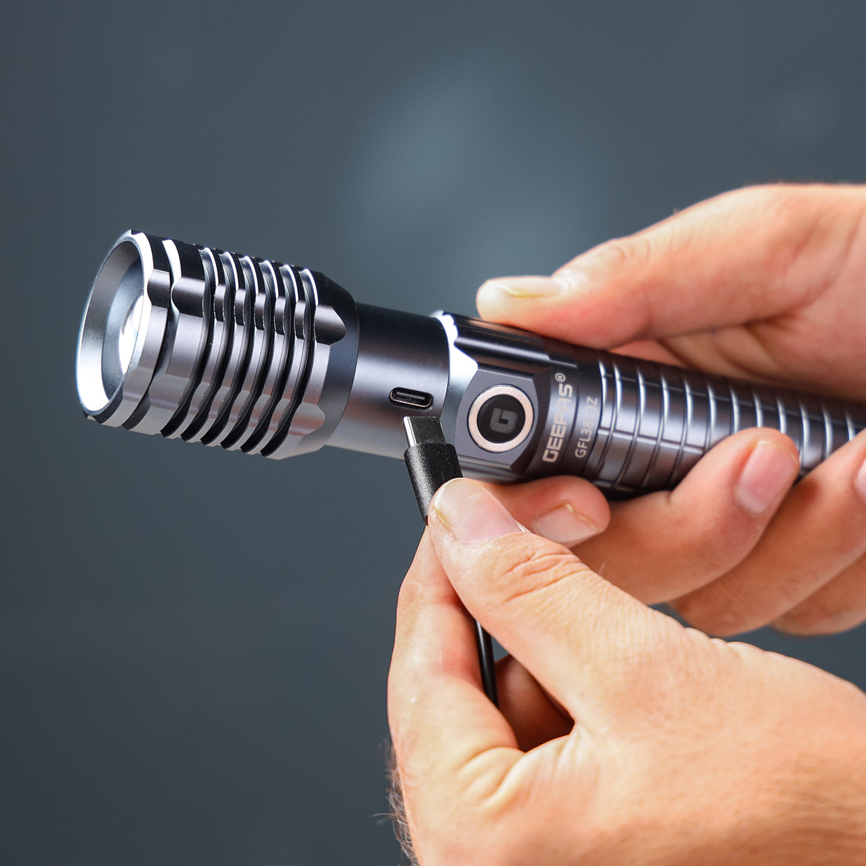 Geepas Zoomable LED Flashlight GFL3803Z|25W High-Power LEDs, 10H Backup, Type-C Charging, Durable Aluminum Alloy Housing|Ideal for Indoor & Outdoor Use |Lifetime Warranty