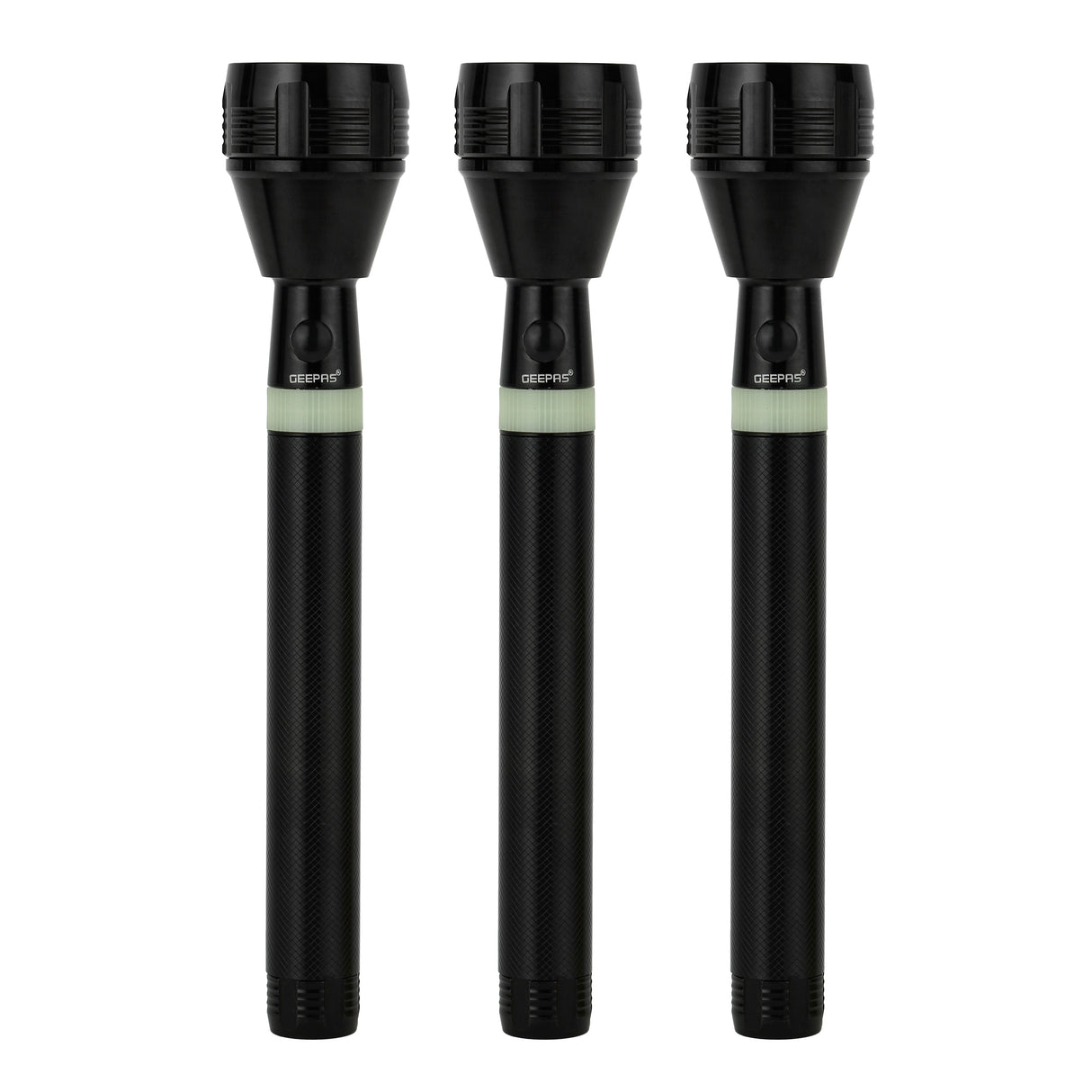 Geepas Rechargeable LED Flashlight, 3 In 1 Family Pack 253MM - Hyper Bright White 2000 Meters Range Portable Torch High Beam LED Flashlight| Water Proof Pocket Flashlight with Charger, battery