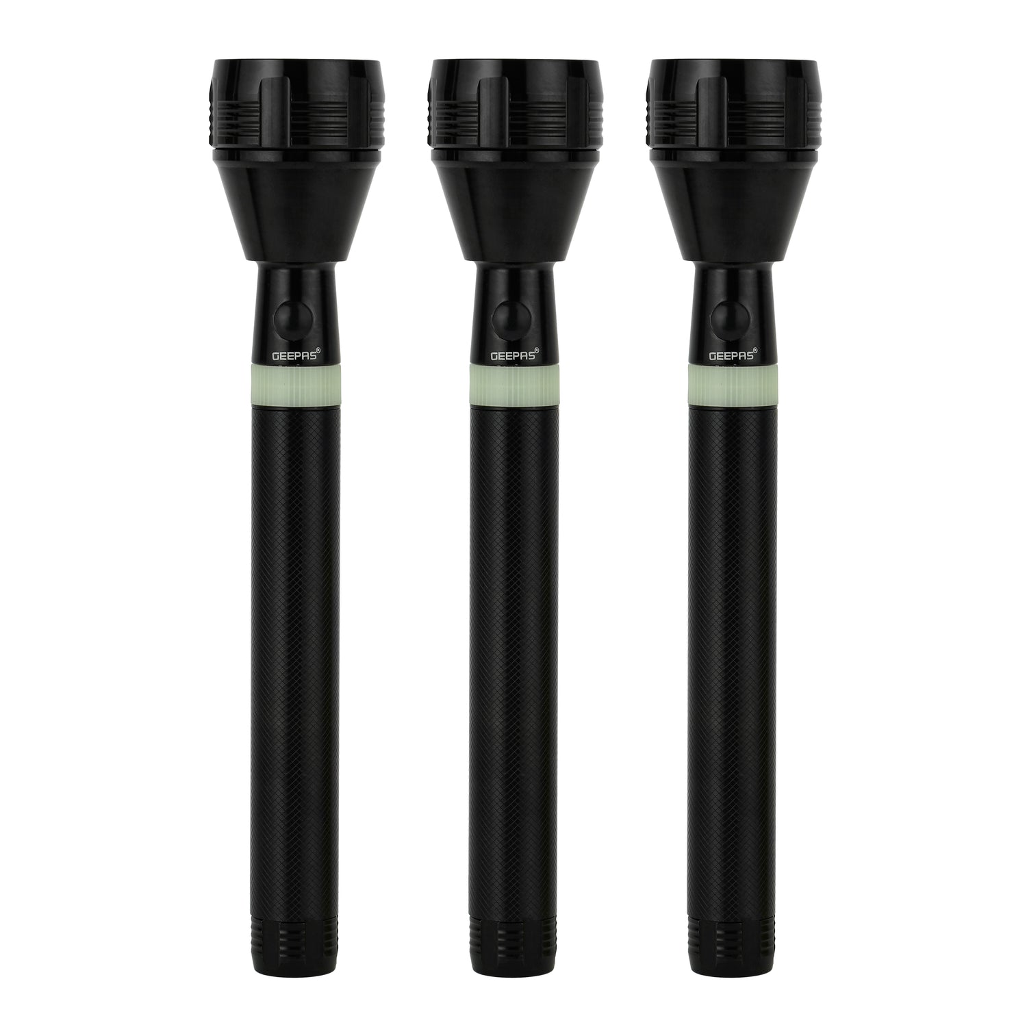 Geepas Rechargeable LED Flashlight, 3 In 1 Family Pack 253MM - Hyper Bright White 2000 Meters Range Portable Torch High Beam LED Flashlight| Water Proof Pocket Flashlight with Charger, battery