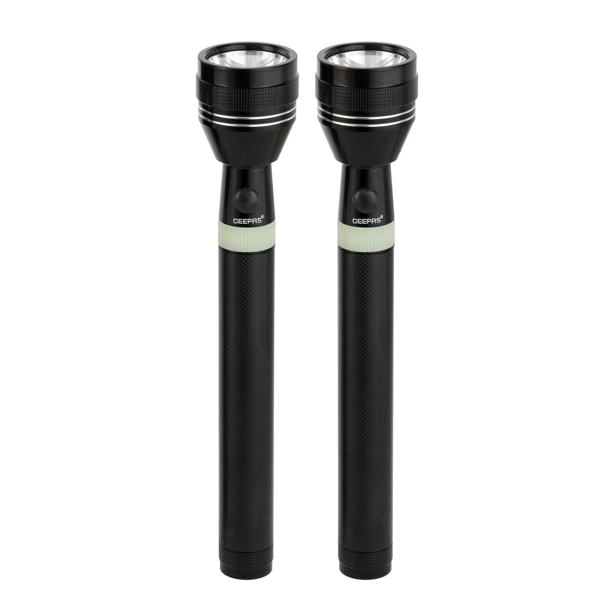 Geepas Rechargeable LED Flashlight GFL4637 | Pack of 2, 7W LED, 3H Continuous Use, Aircraft Aluminum Body, Lithium Battery, Night Glow Ring, Water & Shock Resistant