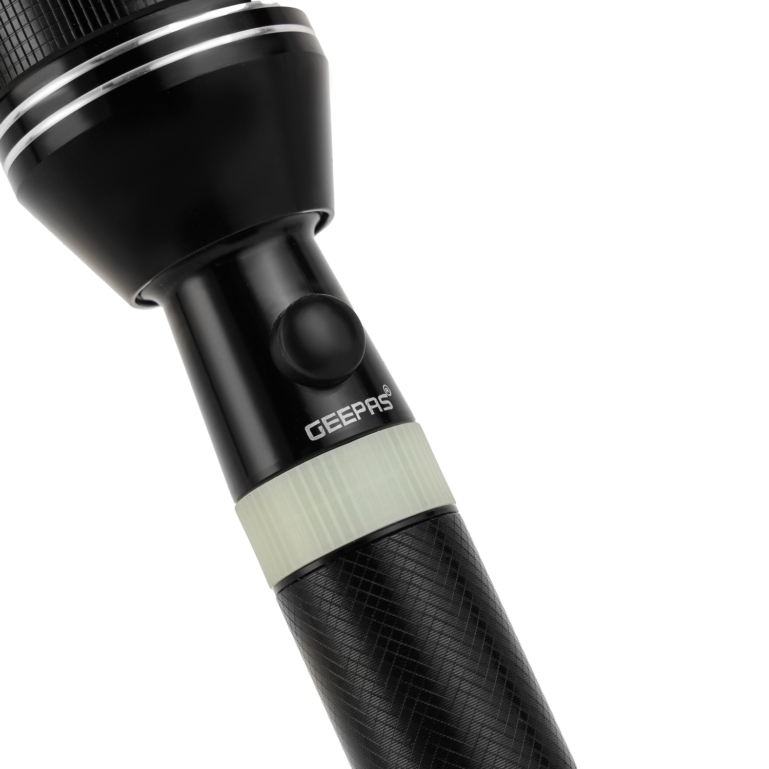 Geepas Rechargeable LED Flashlight GFL4637 | Pack of 2, 7W LED, 3H Continuous Use, Aircraft Aluminum Body, Lithium Battery, Night Glow Ring, Water & Shock Resistant