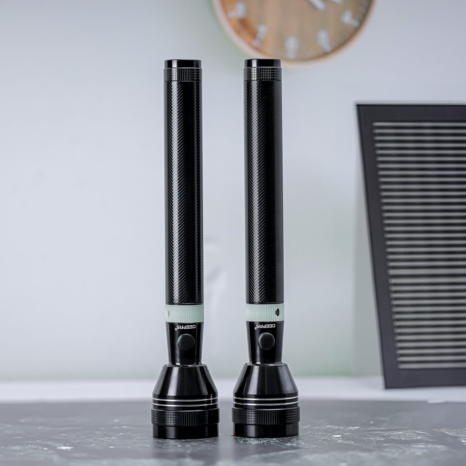 Geepas Rechargeable LED Flashlight GFL4637 | Pack of 2, 7W LED, 3H Continuous Use, Aircraft Aluminum Body, Lithium Battery, Night Glow Ring, Water & Shock Resistant