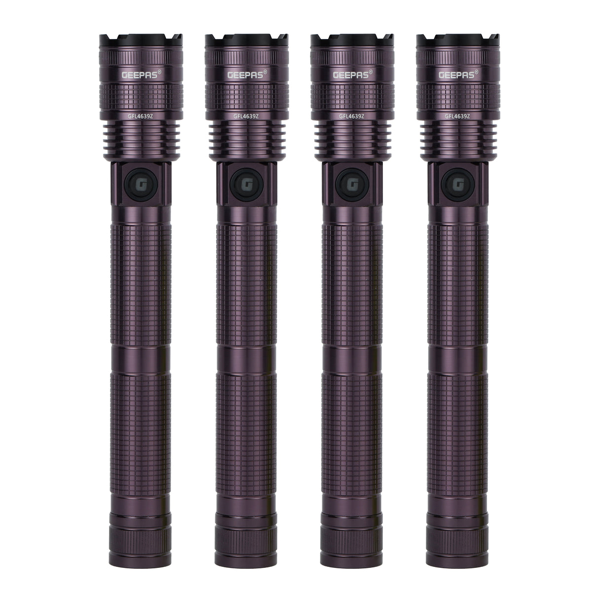 Geepas Zoomable LED Flashlight- GFL4639/ Pack of 4, 20W Laser High-Power LEDs, Perfect for Indoor and Outdoor Use, 10 Hours Continuous Working, Black