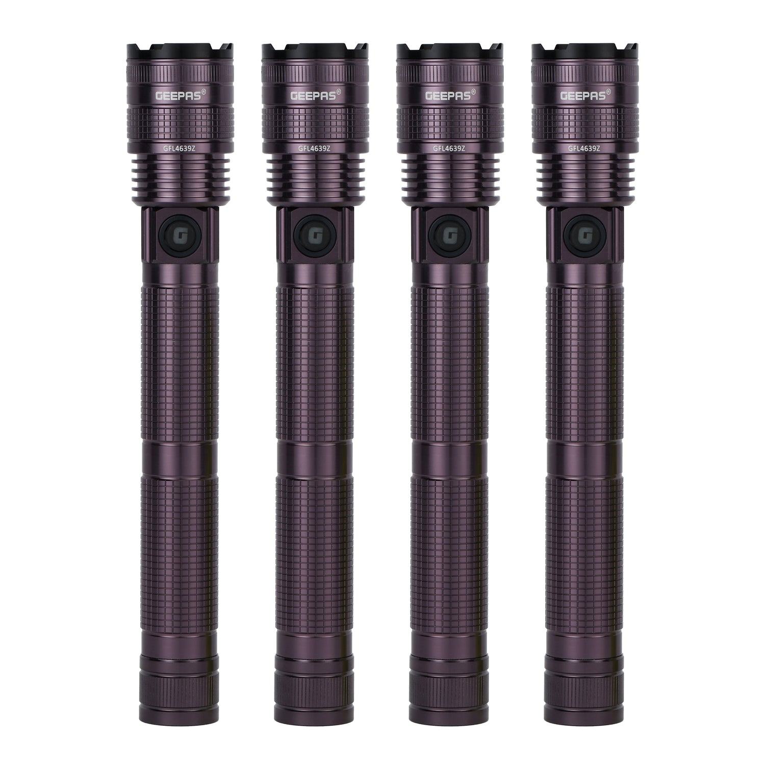 Geepas Zoomable LED Flashlight- GFL4639/ Pack of 4, 20W Laser High-Power LEDs, Perfect for Indoor and Outdoor Use, 10 Hours Continuous Working, Black