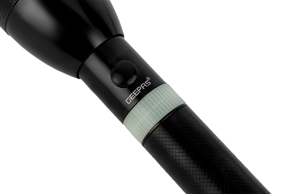 Geepas Rechargeable LED Flashlight - Hyper Bright White Chip LED Torch 1800 Meters High Range Distance Portable Torch High Beam LED Flashlight Zoomable Tactical Pocket Flashlight for Camping Bicycle Hiking and Emergency Use