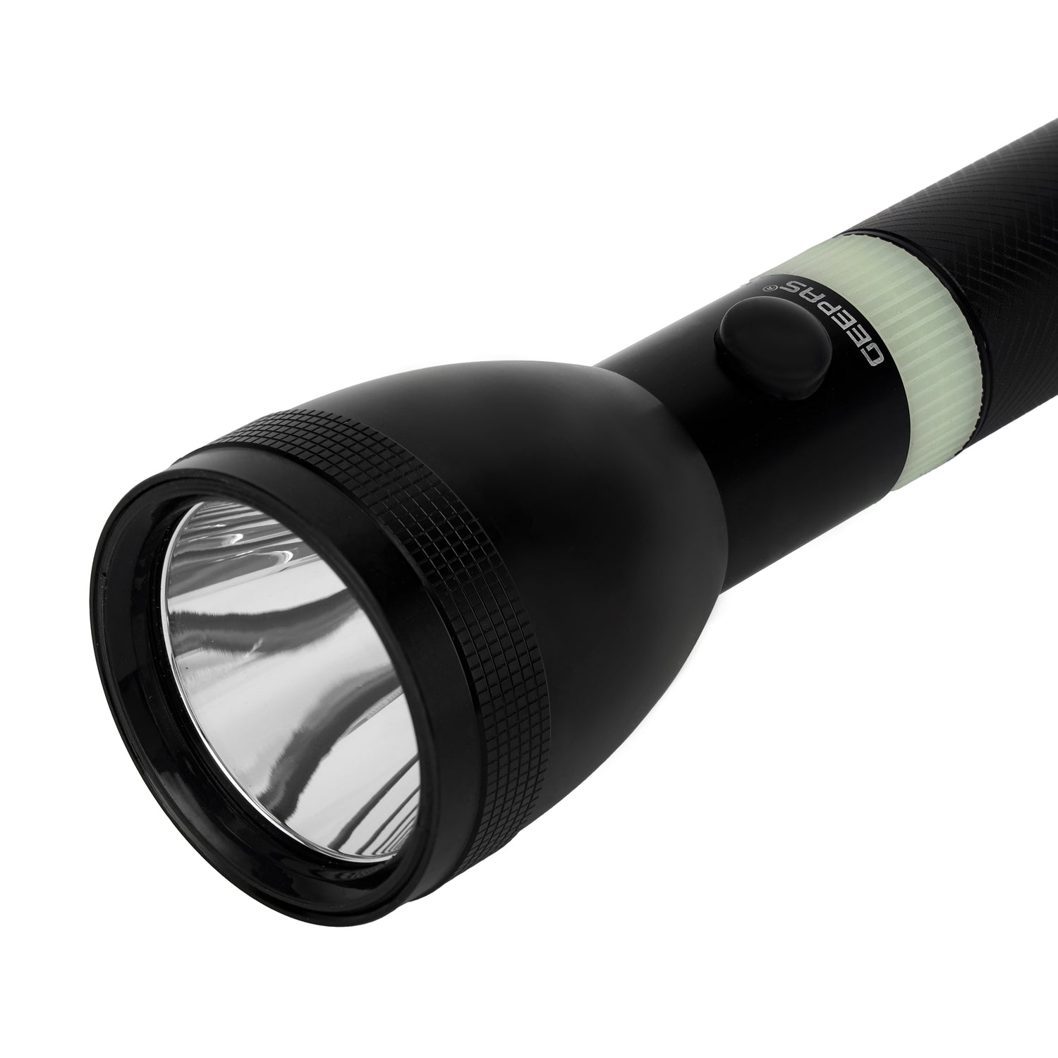 Geepas Rechargeable LED Flashlight 281MM - Hyper Bright White 1800 Meters Portable Torch High Beam LED Flashlight| Water Proof Pocket Flashlight with Charger, battery