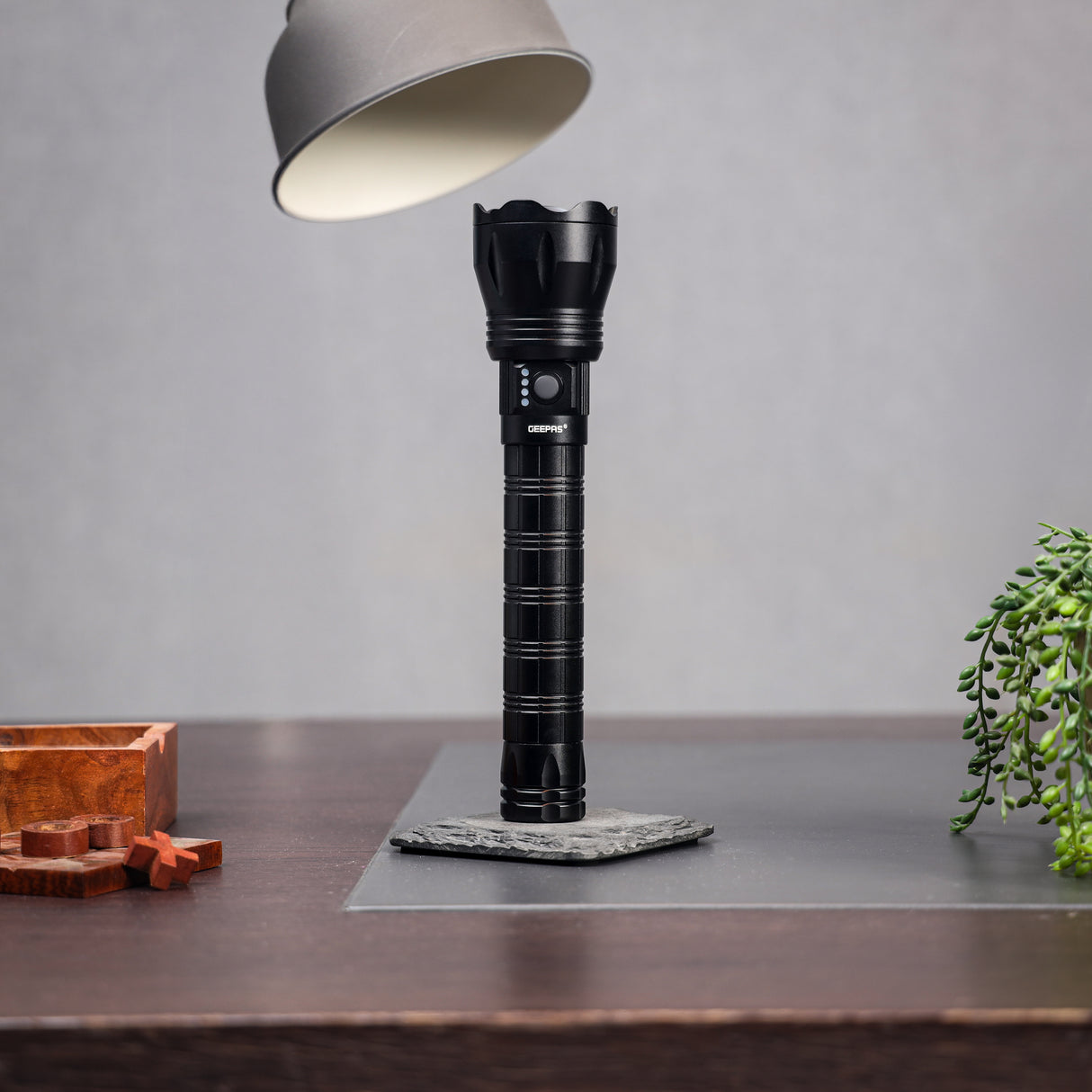 Geepas Zoomable LED Flashlight with Power Bank- GFL4650/ 30 W Lazer LEDs,12 Hours Continuous Working/2 Modes, High and Low, 3000 Lumens Torch Light,Type-C Charging/ Black