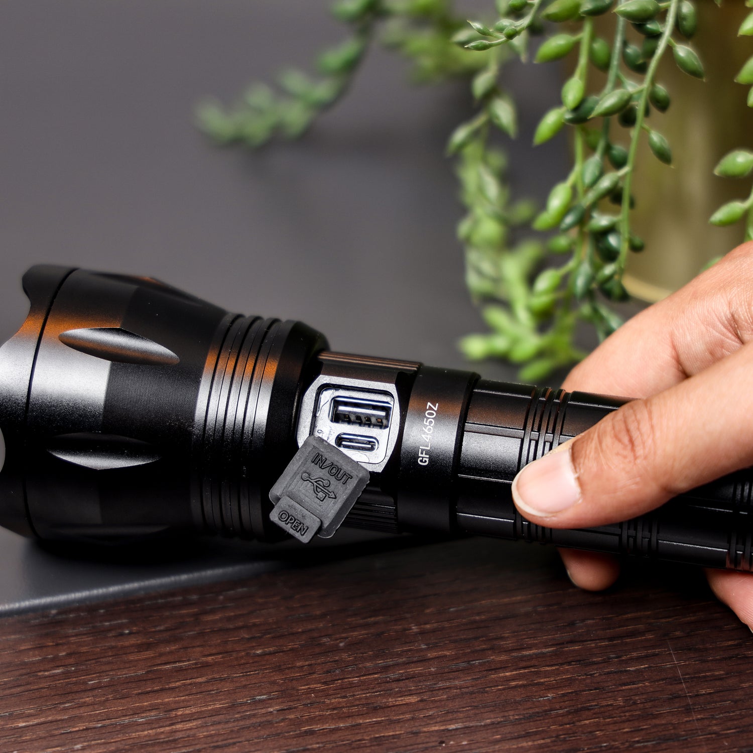 Geepas Zoomable LED Flashlight with Power Bank- GFL4650/ 30 W Lazer LEDs,12 Hours Continuous Working/2 Modes, High and Low, 3000 Lumens Torch Light,Type-C Charging/ Black
